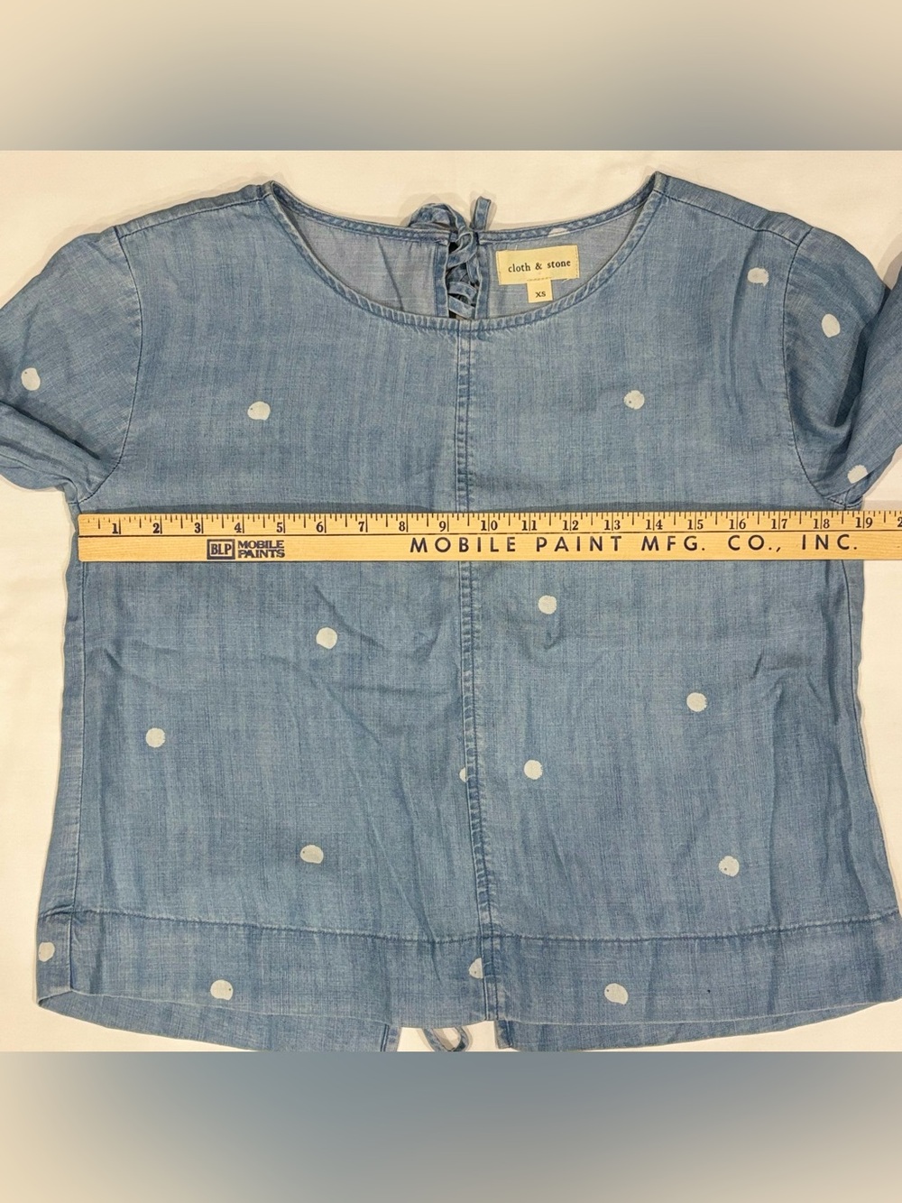 Anthropologie Cloth & Stone Chambray Top XS Polka Dot Flare Sleeve Tie Back - Picture 7 of 8